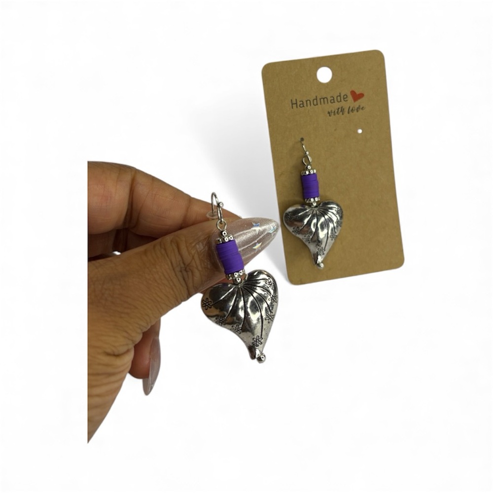 Handmade Silver Heart Earrings with Purple Accents